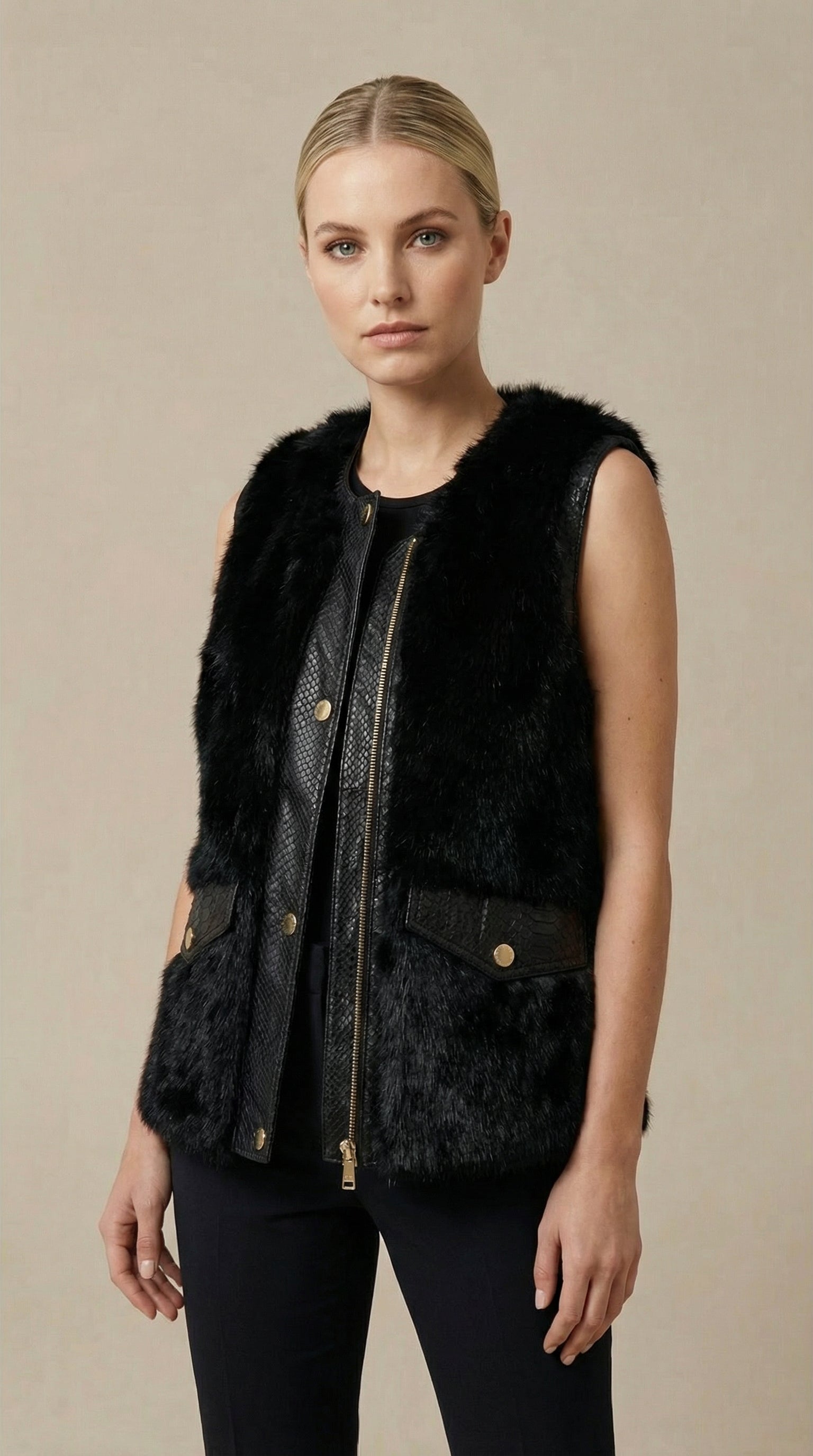Kadın Suni Kürk Yelek – Dik Yaka Siyah