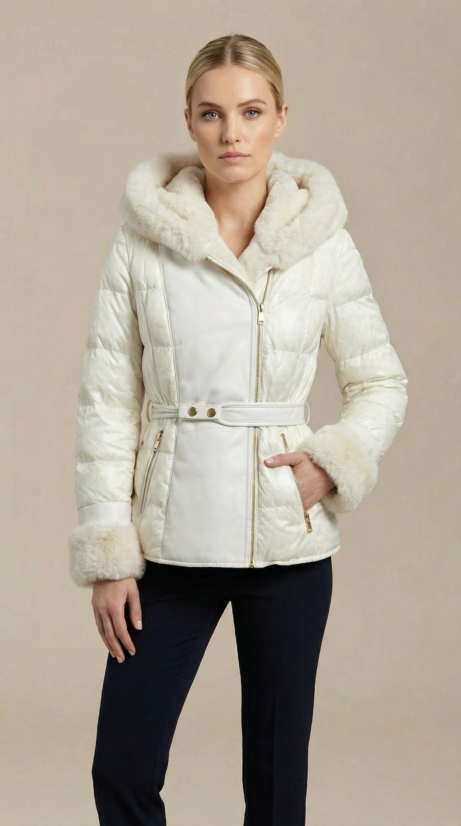 Kadın Kapitone Şişme Mont – Kapüşonlu Ekru