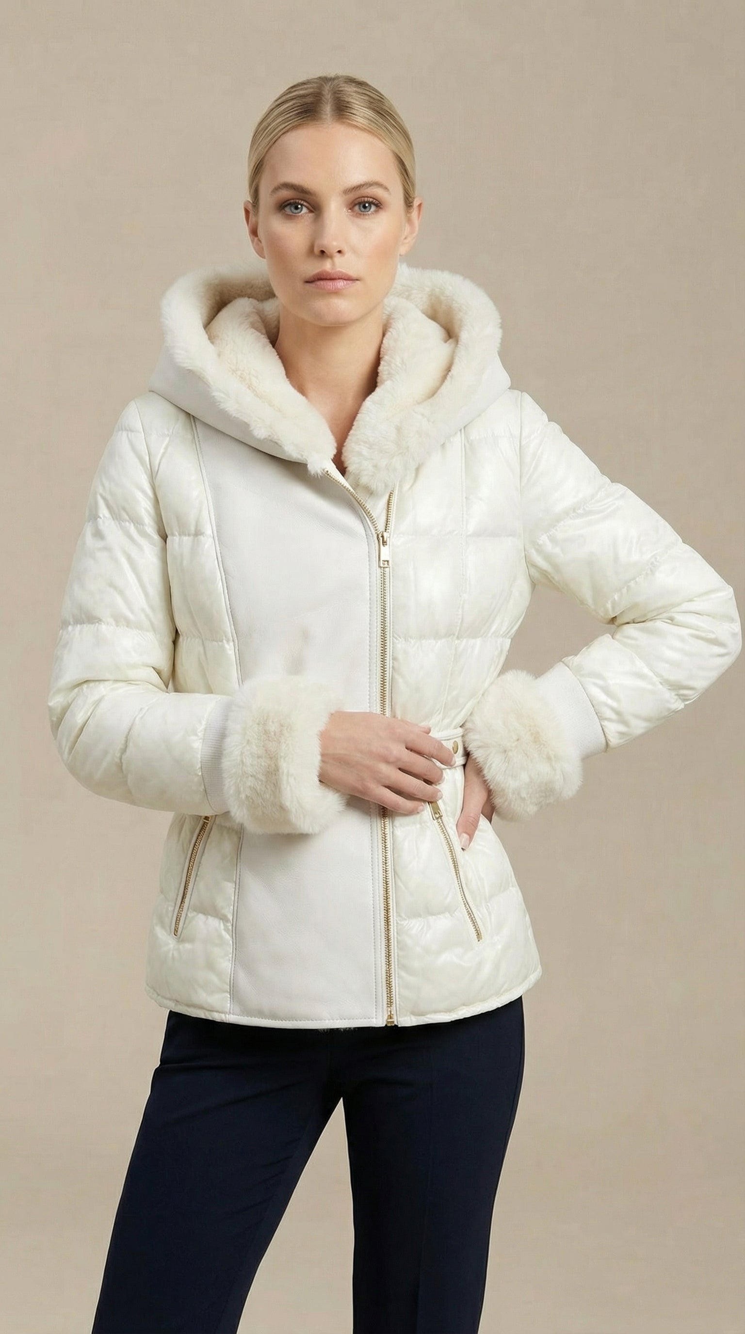 Kadın Kapitone Şişme Mont – Kapüşonlu Ekru