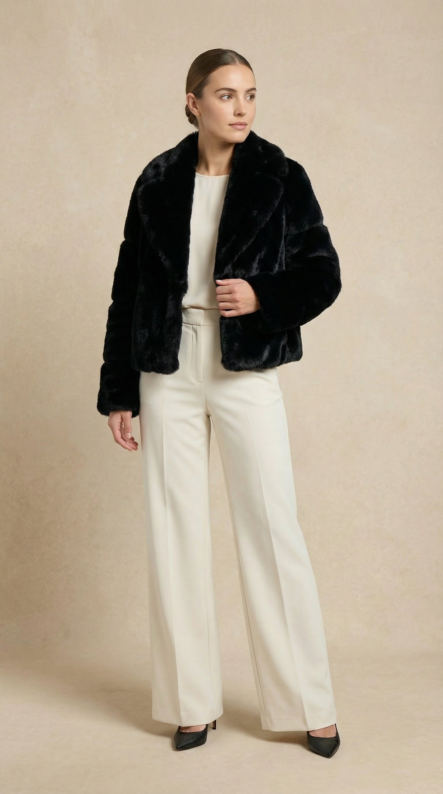 Kadın Suni Kürk Kaban – Şeritli Kol Siyah