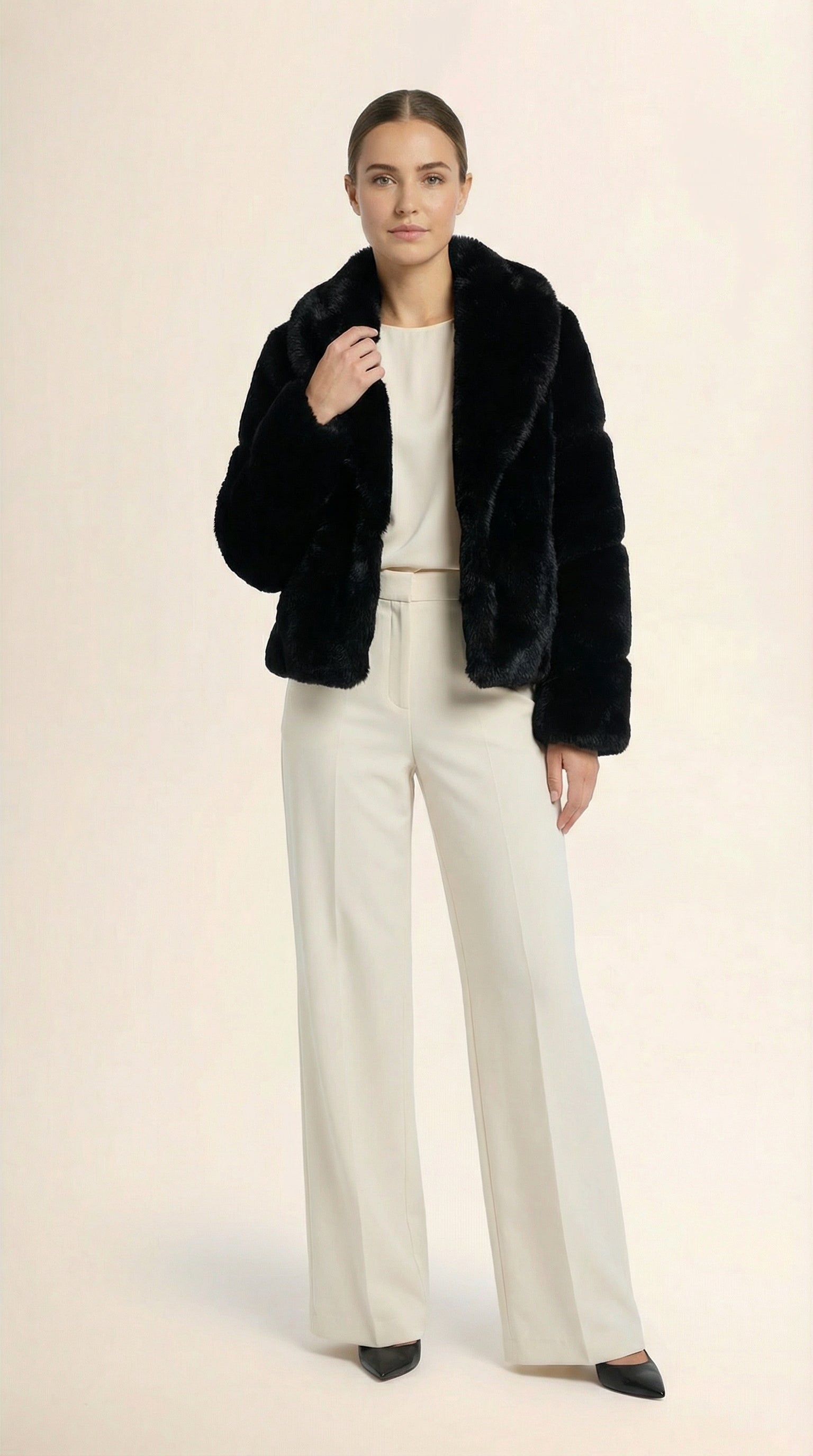 Kadın Suni Kürk Kaban – Şeritli Kol Siyah