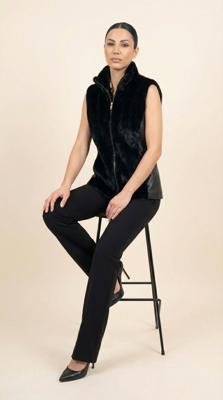 Kadın Suni Kürk Yelek – Yuvarlak Yaka Siyah