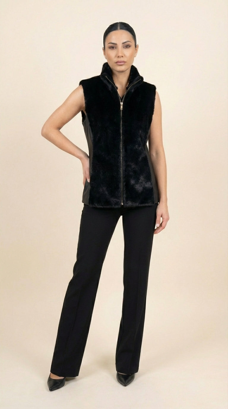 Kadın Suni Kürk Yelek – Yuvarlak Yaka Siyah
