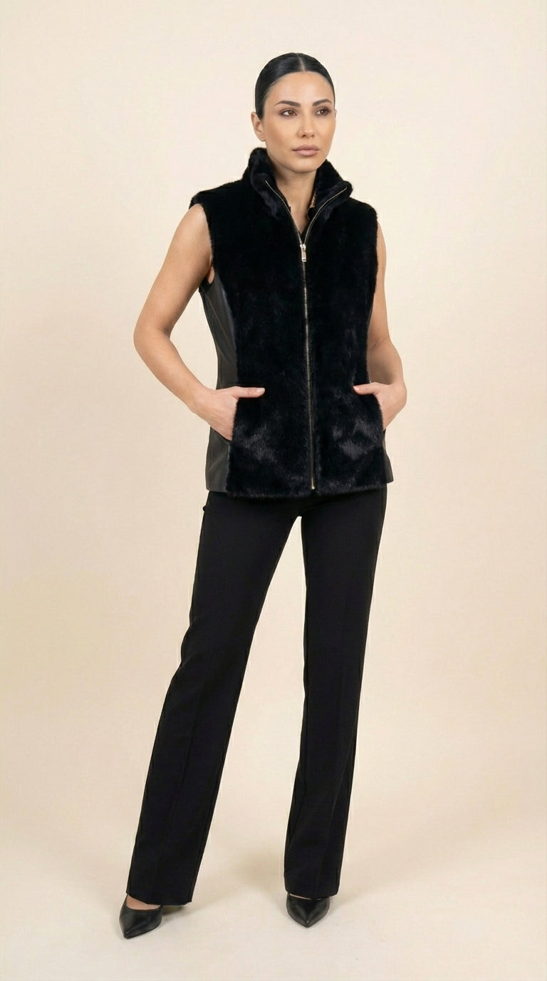 Kadın Suni Kürk Yelek – Yuvarlak Yaka Siyah