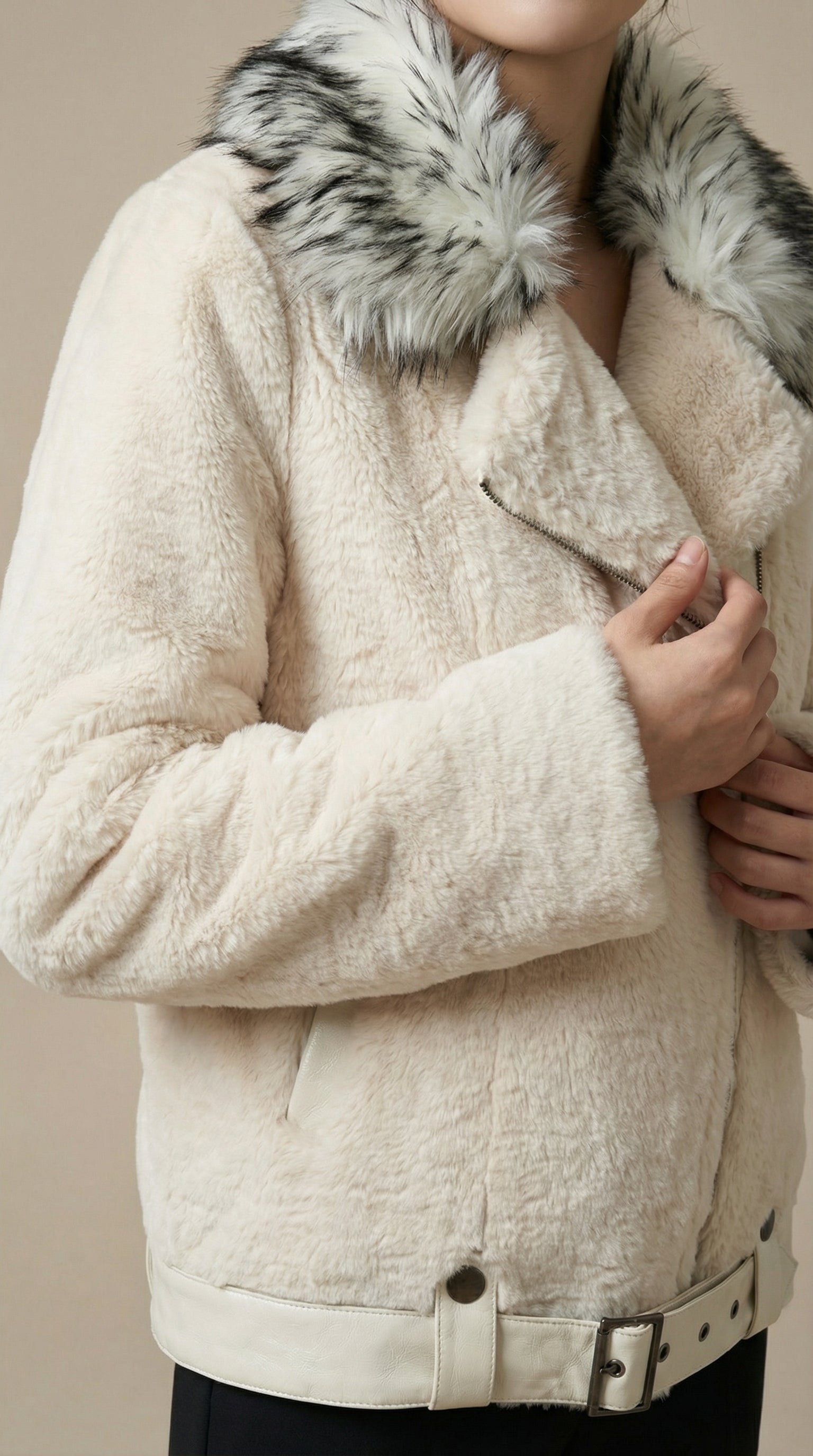 Kadın Shearling Görünümlü Ceket – Kemerli Krem