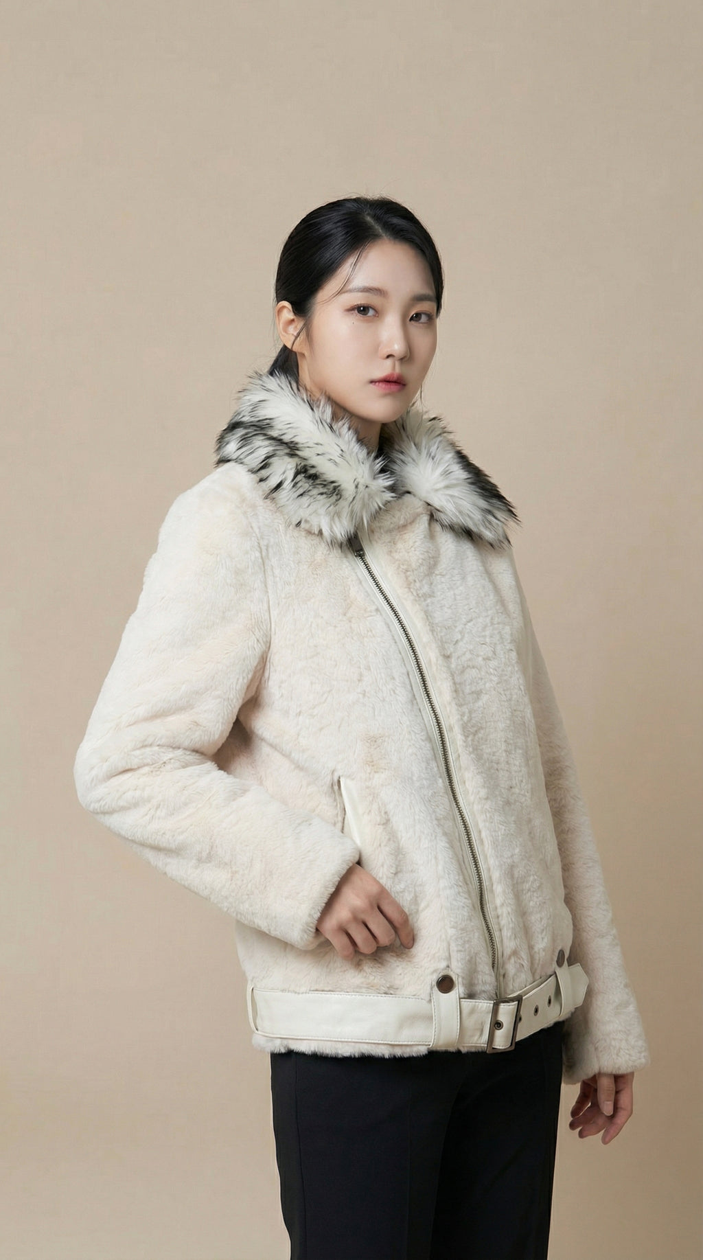 Kadın Shearling Görünümlü Ceket – Kemerli Krem