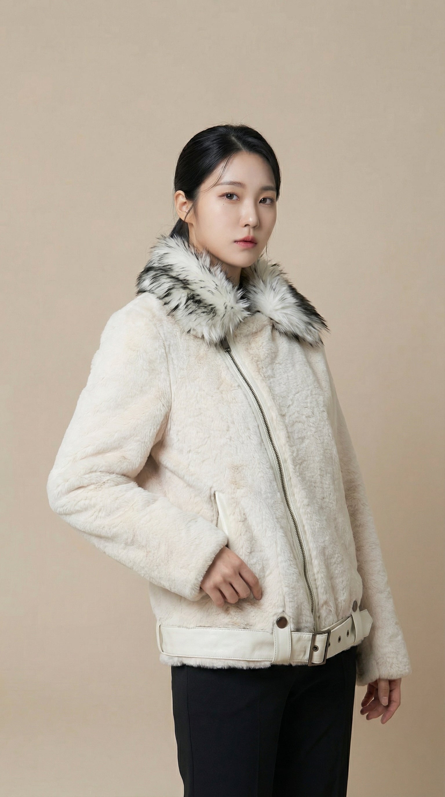 Kadın Shearling Görünümlü Ceket – Kemerli Krem