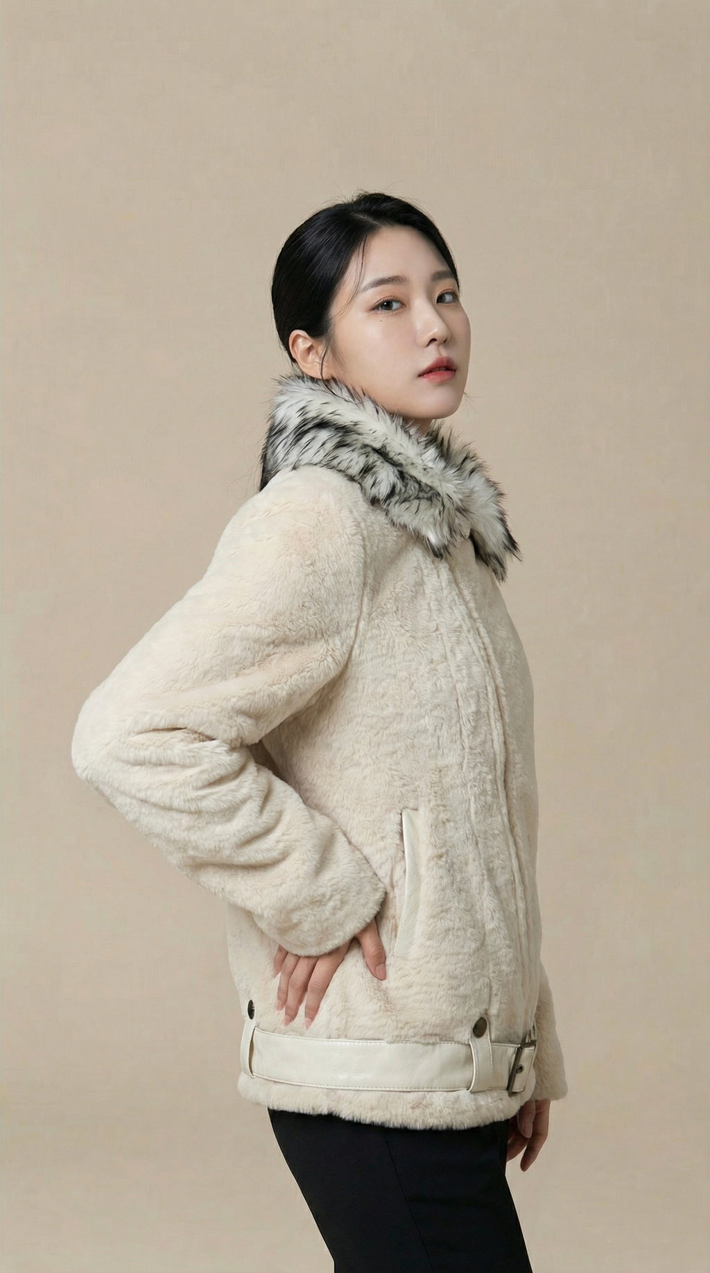 Kadın Shearling Görünümlü Ceket – Kemerli Krem