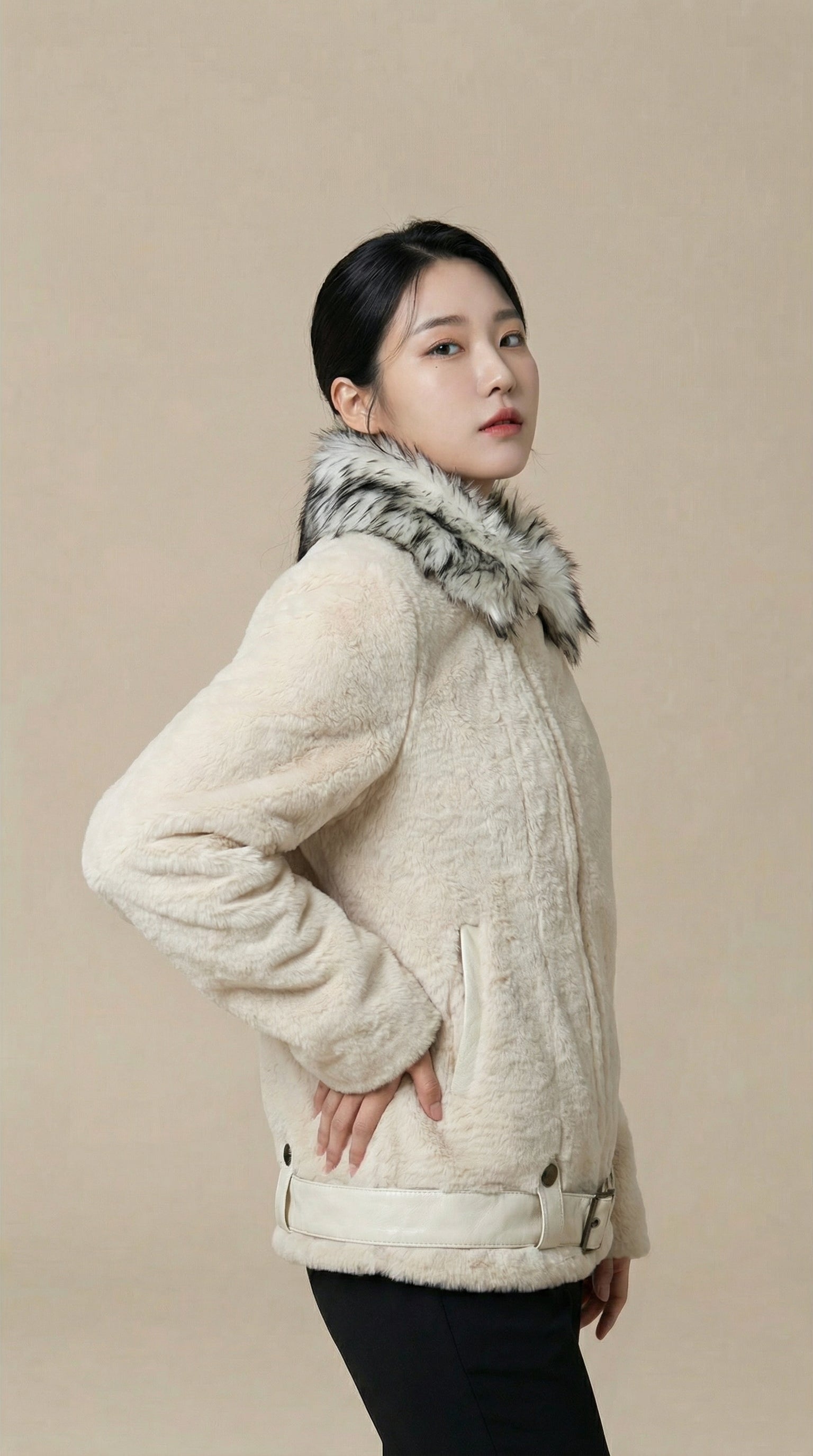 Kadın Shearling Görünümlü Ceket – Kemerli Krem