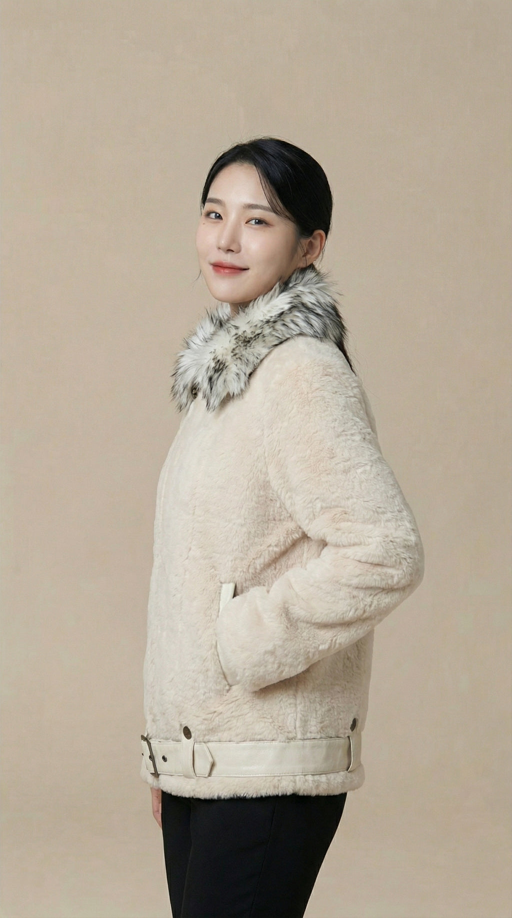 Kadın Shearling Görünümlü Ceket – Kemerli Krem