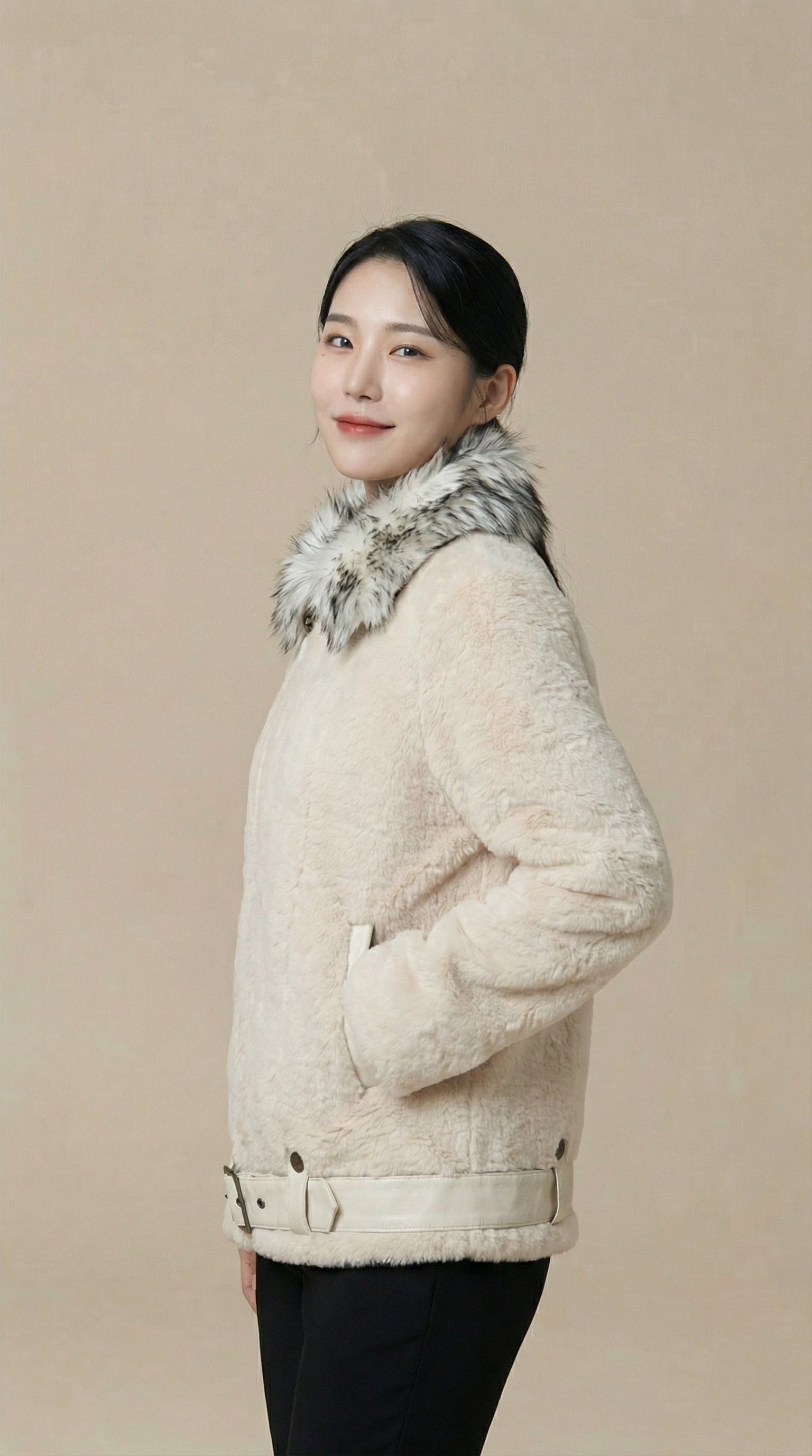 Kadın Shearling Görünümlü Ceket – Kemerli Krem