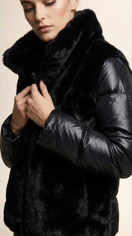 Kadın Kapitone Şişme Mont – Suni kürk yaka Siyah - 38 Beden