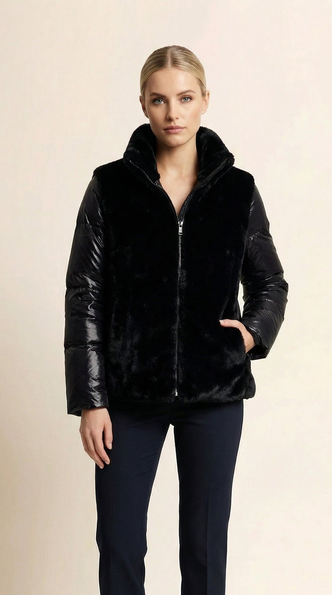 Kadın Kapitone Şişme Mont – Suni kürk yaka Siyah
