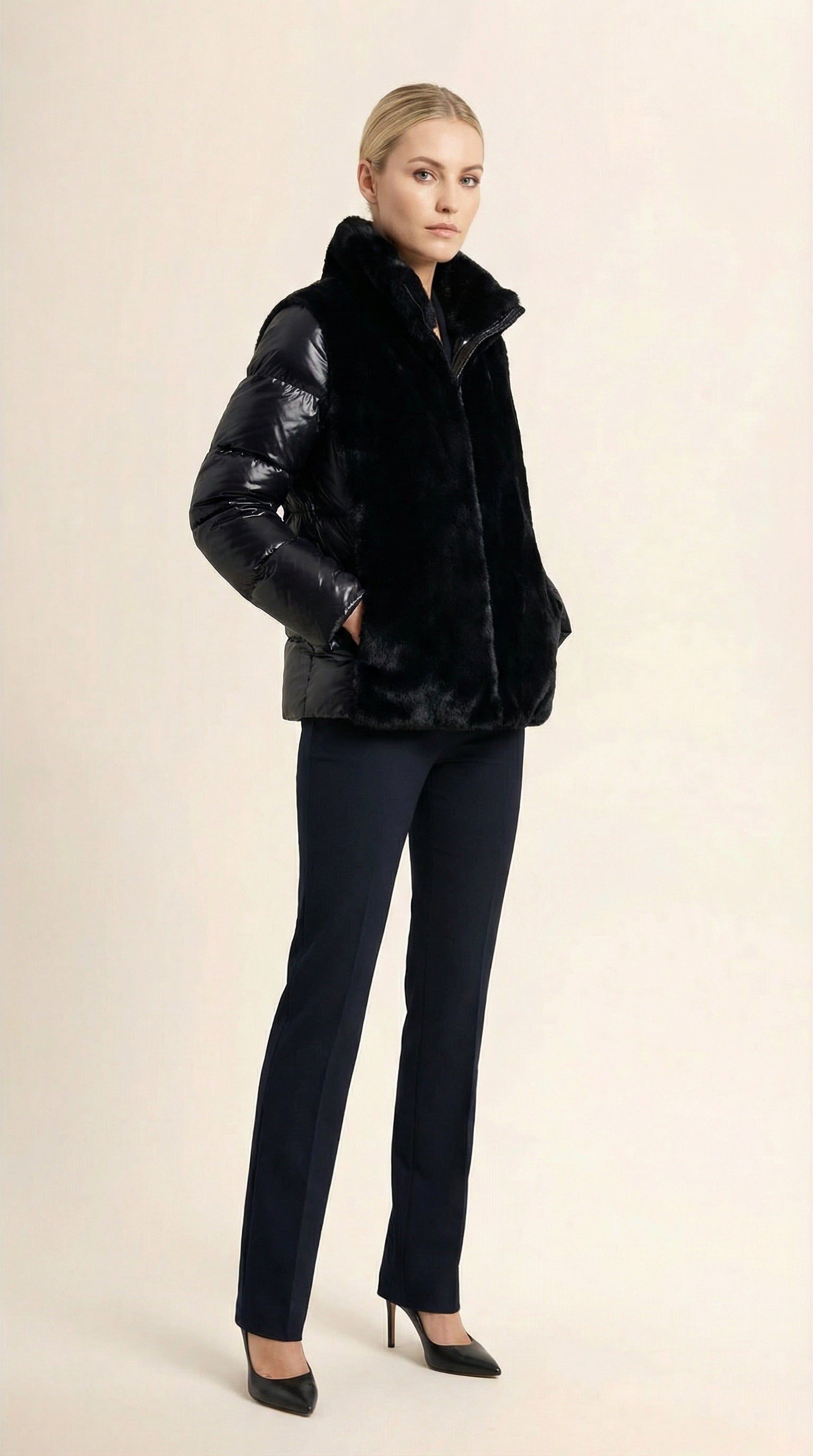 Kadın Kapitone Şişme Mont – Suni kürk yaka Siyah