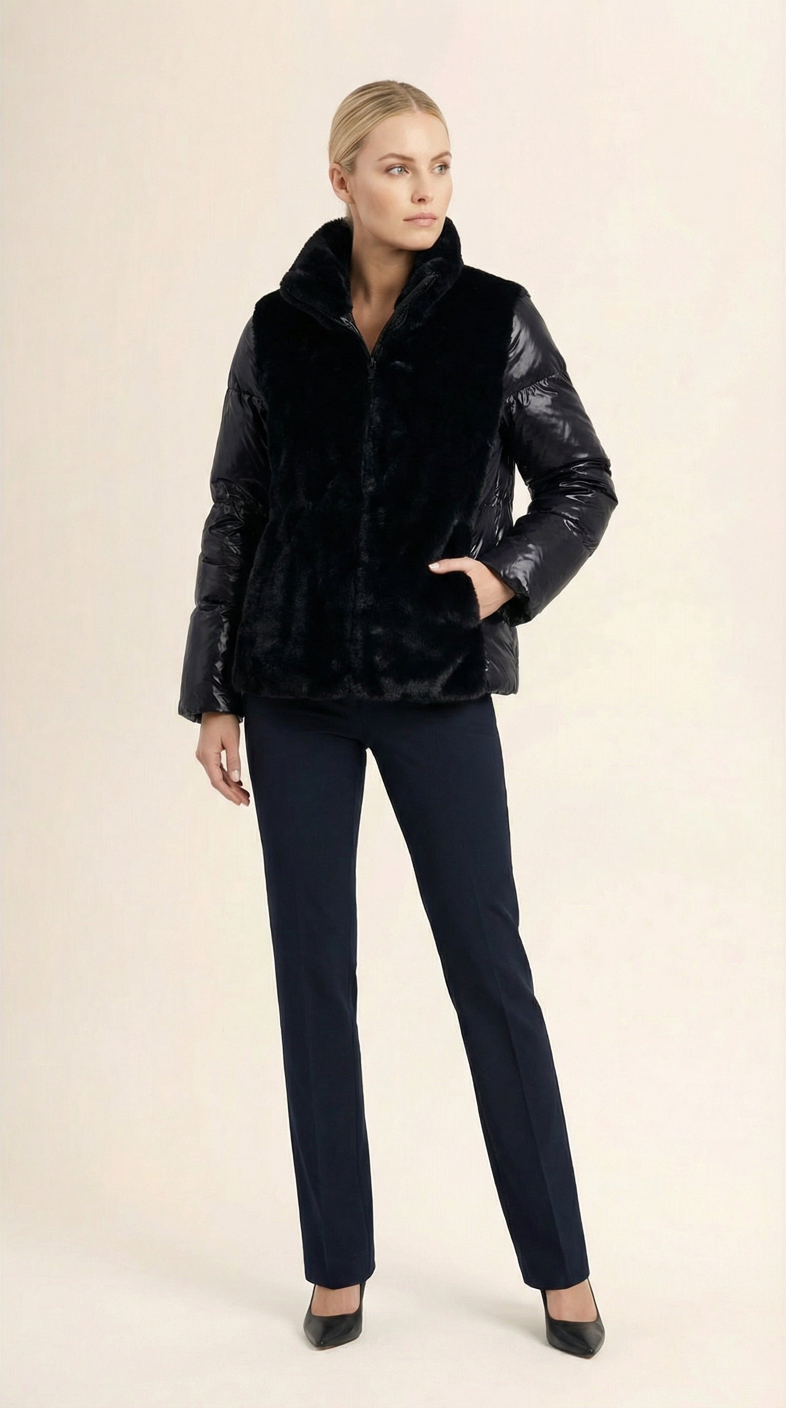 Kadın Kapitone Şişme Mont – Suni kürk yaka Siyah
