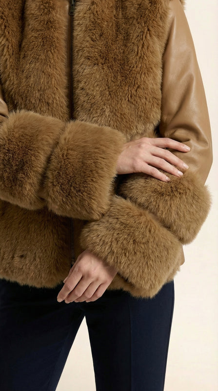 Kadın Süet Görünümlü Kaban – Kürk manşet Camel - 38 Beden