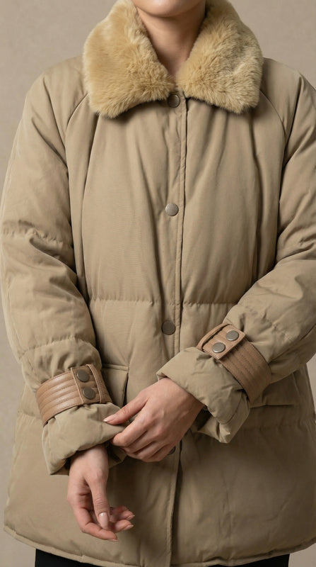 Kadın Kapitone Şişme Mont – Suni kürk yaka Bej - 38 Beden