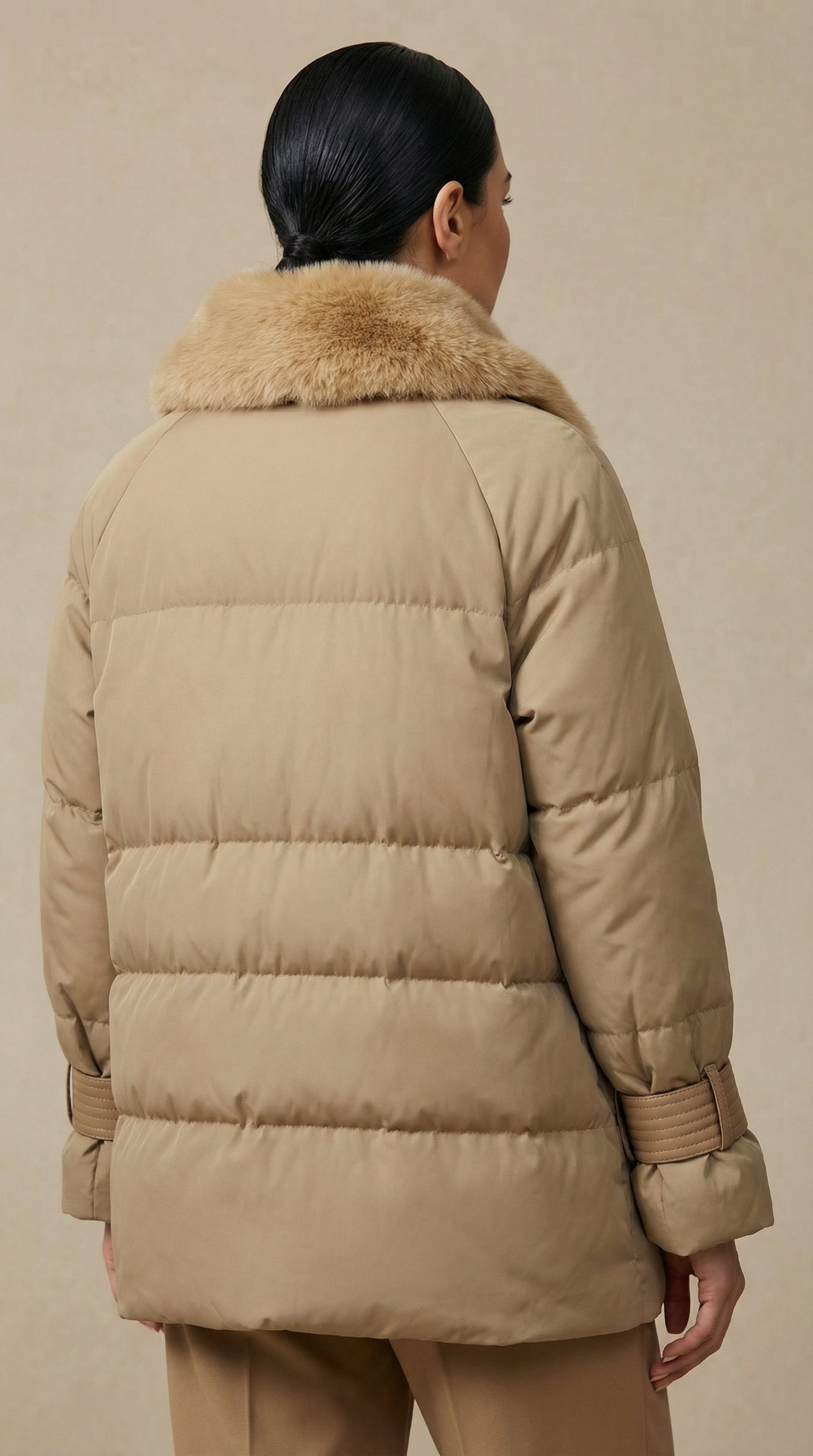 Kadın Kapitone Şişme Mont – Suni kürk yaka Bej