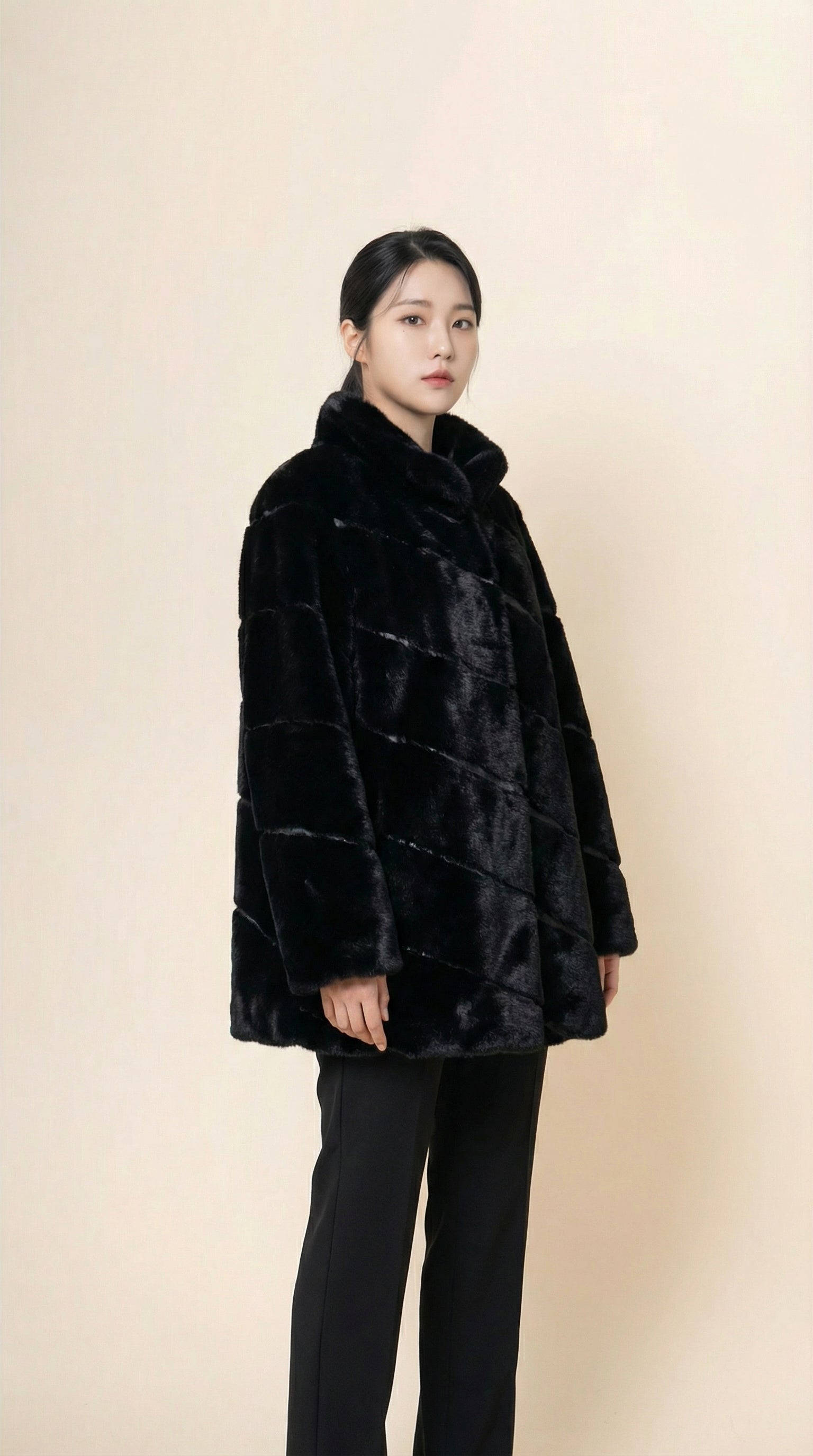 Kadın Suni Kürk Kaban – Bel Boy Siyah