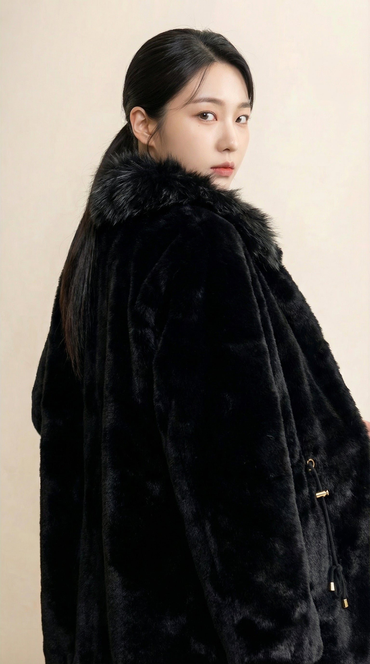 Kadın Suni Kürk Kaban – Kemerli Siyah