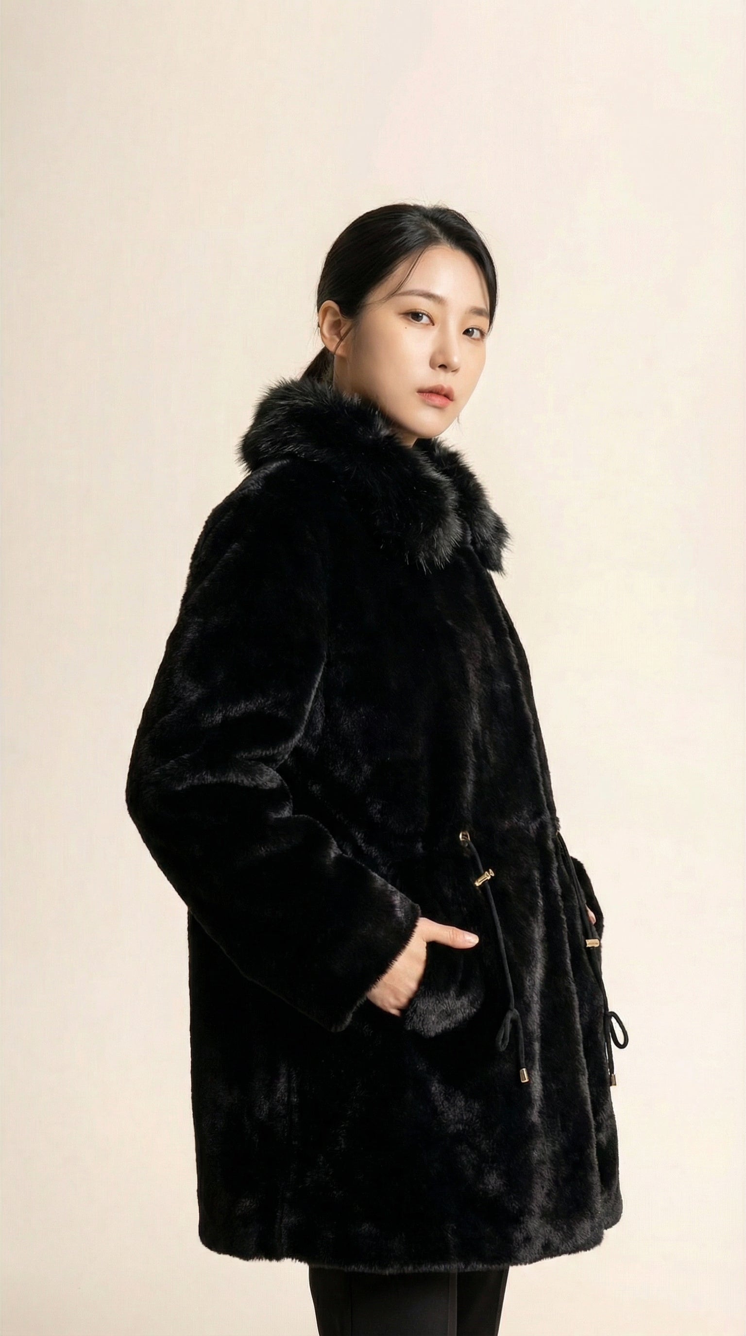 Kadın Suni Kürk Kaban – Kemerli Siyah