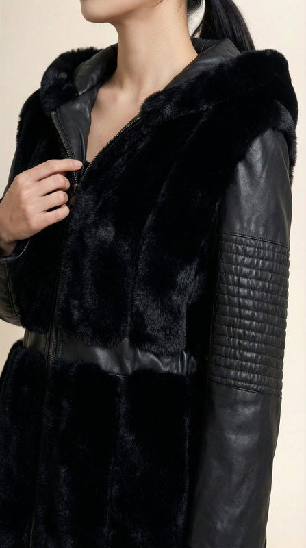 Kadın Suni Kürk Yelek – Deri görünümlü kol detayı Siyah - 38 Beden