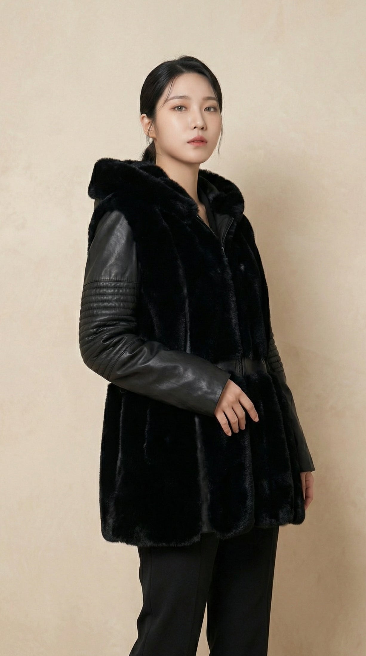 Kadın Suni Kürk Yelek – Deri görünümlü kol detayı Siyah