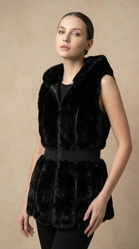 Kadın Suni Kürk Yelek – Kemerli Siyah - 38 Beden