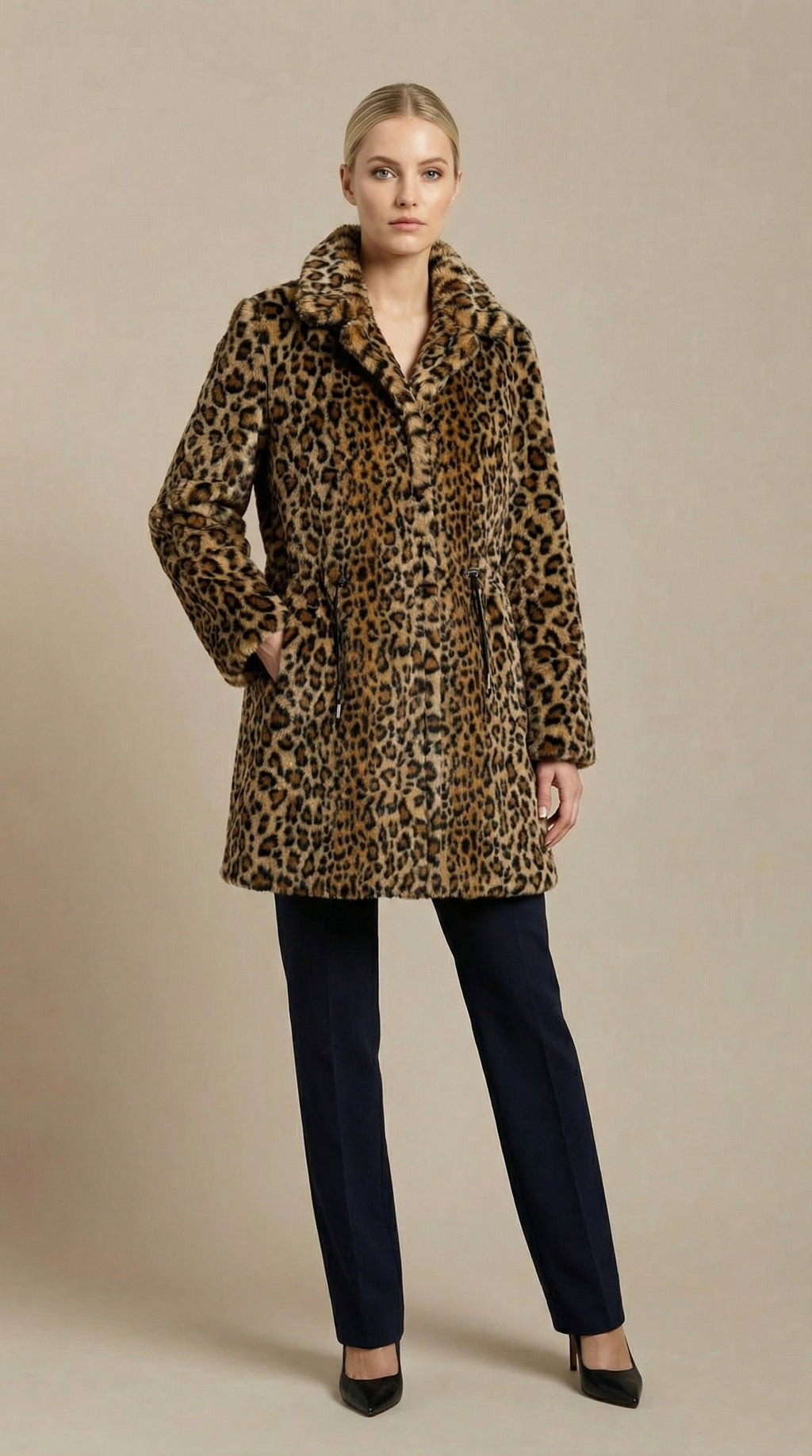 Kadın Leopar Desenli Kaban – Leopar desen Camel-Siyah