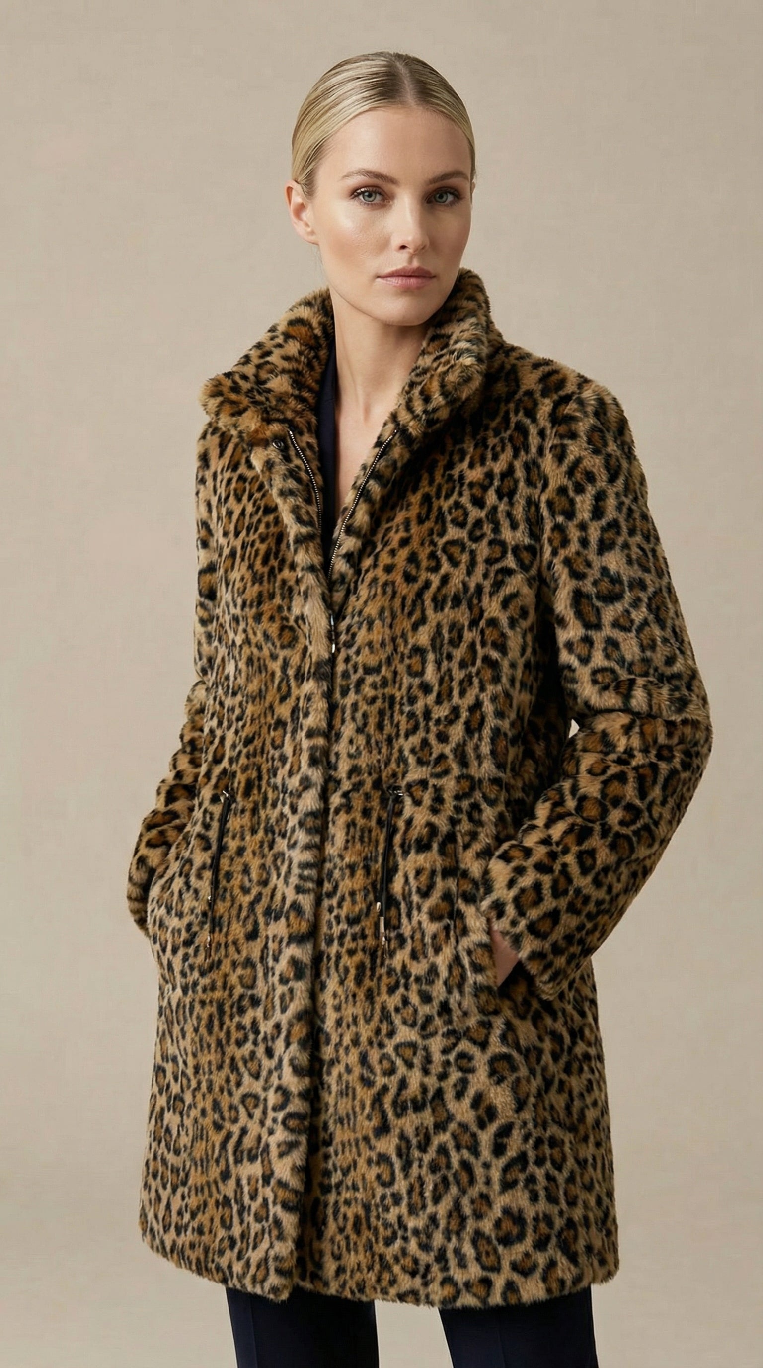 Kadın Leopar Desenli Kaban – Leopar desen Camel-Siyah