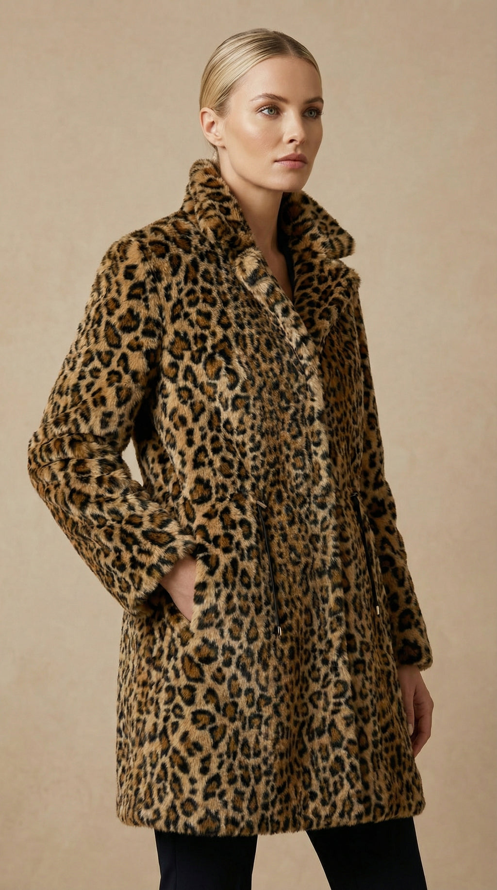 Kadın Leopar Desenli Kaban – Leopar desen Camel-Siyah