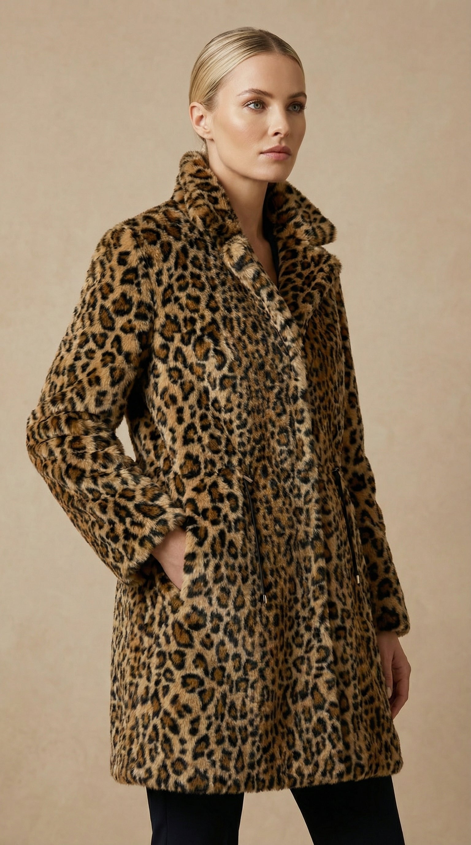 Kadın Leopar Desenli Kaban – Leopar desen Camel-Siyah