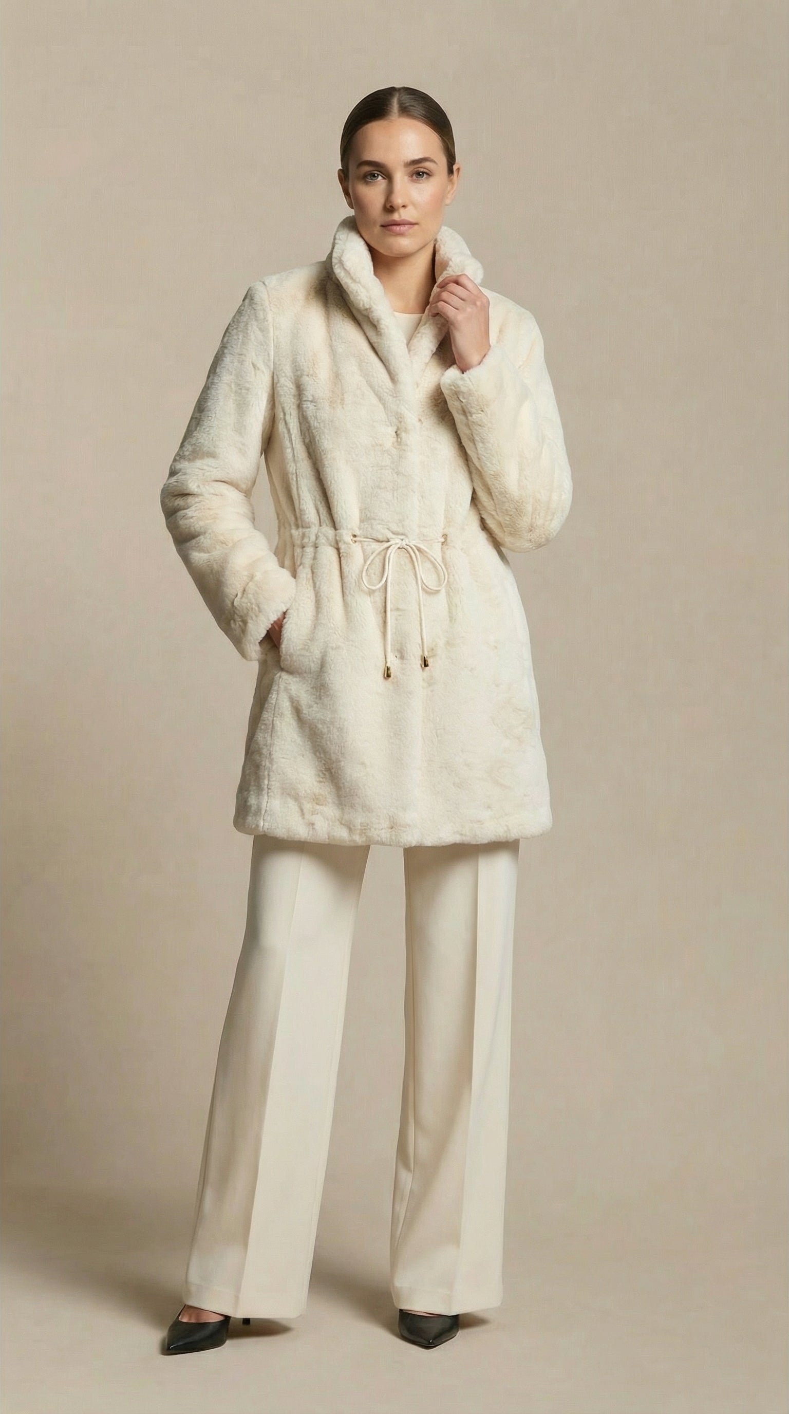 Kadın Teddy (Peluş) Kaban – Kuşaklı Krem