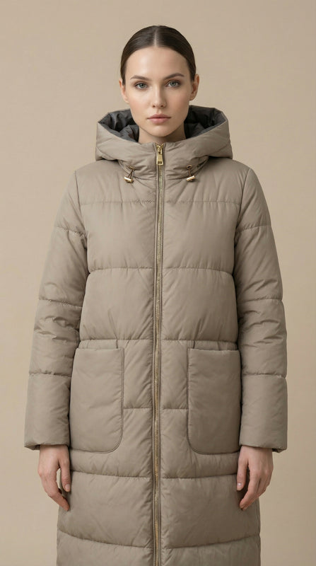 Kadın Kapitone Şişme Mont – Diz altı Vizon - 38 Beden