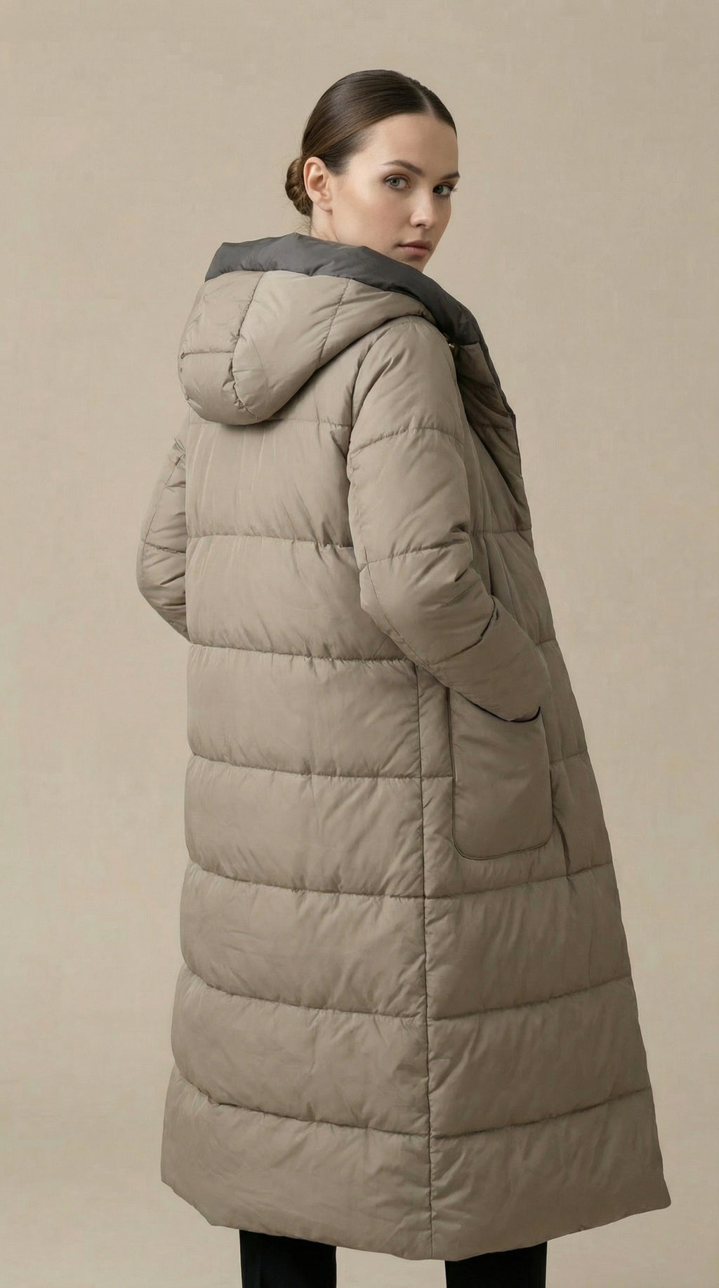 Kadın Kapitone Şişme Mont – Diz altı Vizon