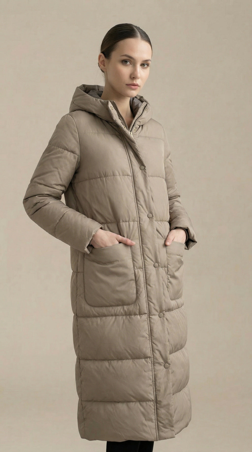 Kadın Kapitone Şişme Mont – Diz altı Vizon