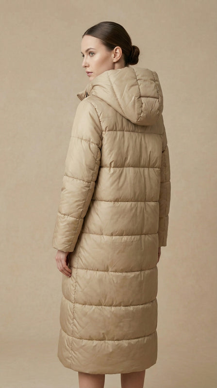 Kadın Kapitone Şişme Mont – Diz altı Bej - 38 Beden