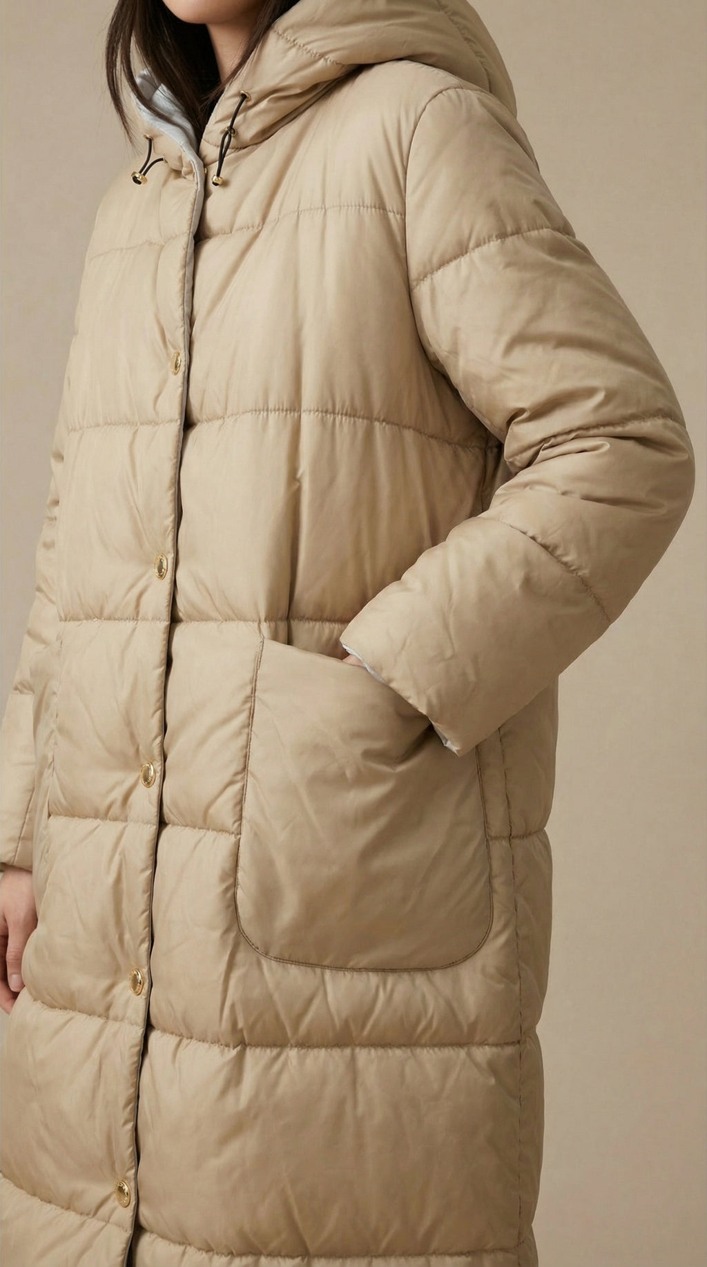 Kadın Kapitone Şişme Mont – Diz altı Bej