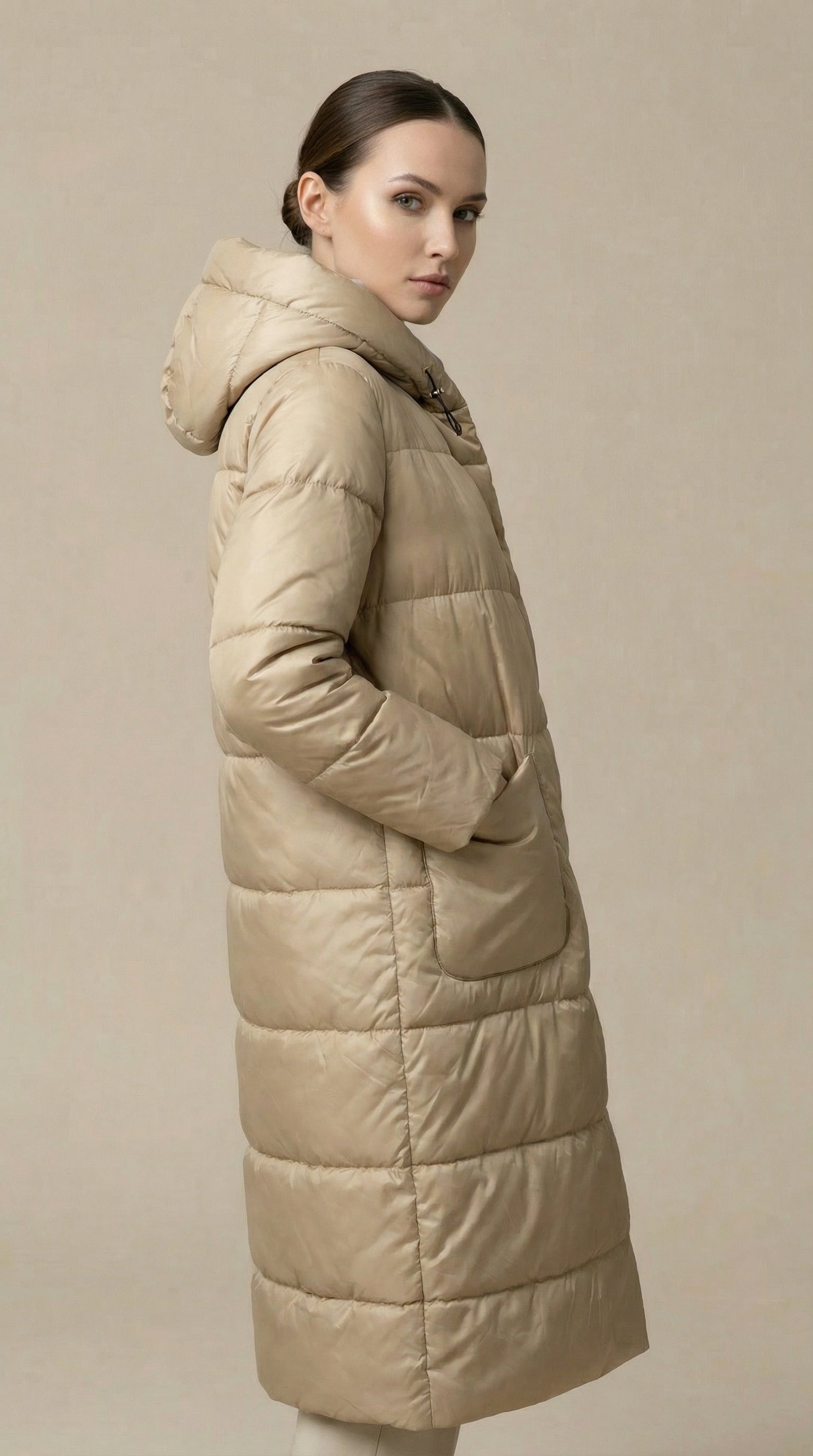 Kadın Kapitone Şişme Mont – Diz altı Bej