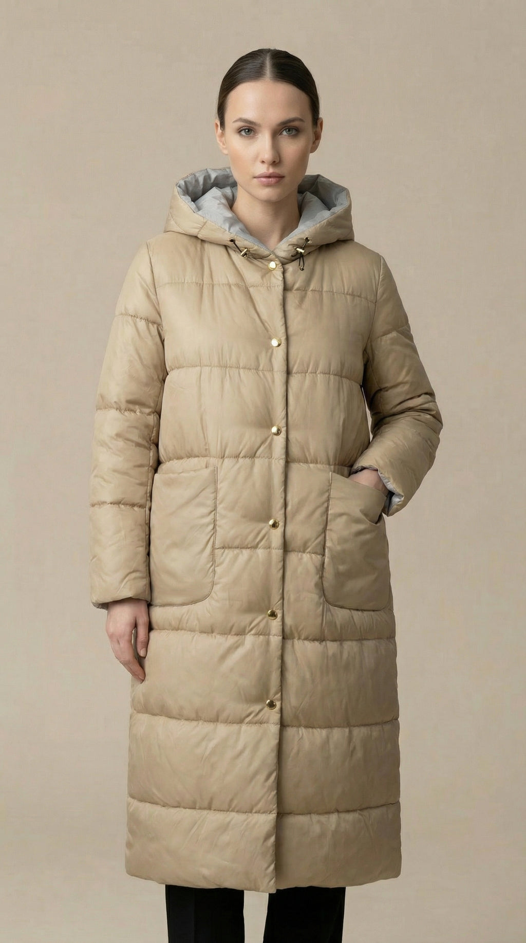 Kadın Kapitone Şişme Mont – Diz altı Bej