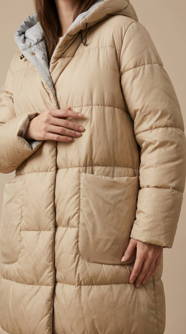 Kadın Kapitone Şişme Mont – Diz altı Bej