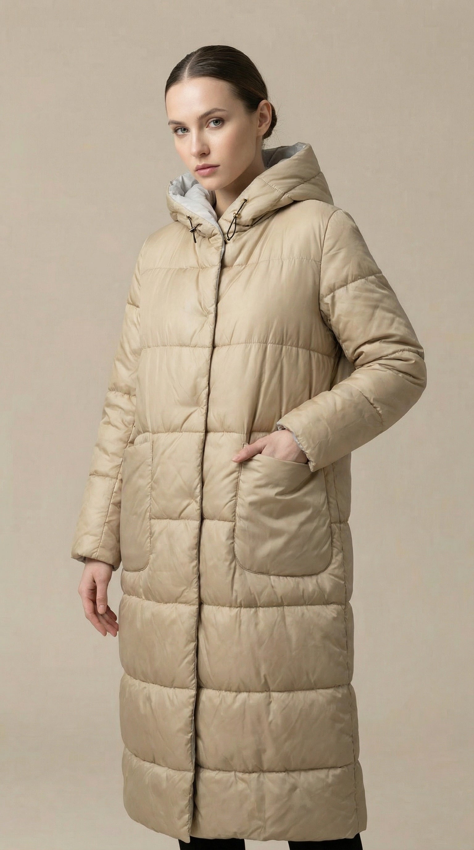 Kadın Kapitone Şişme Mont – Diz altı Bej