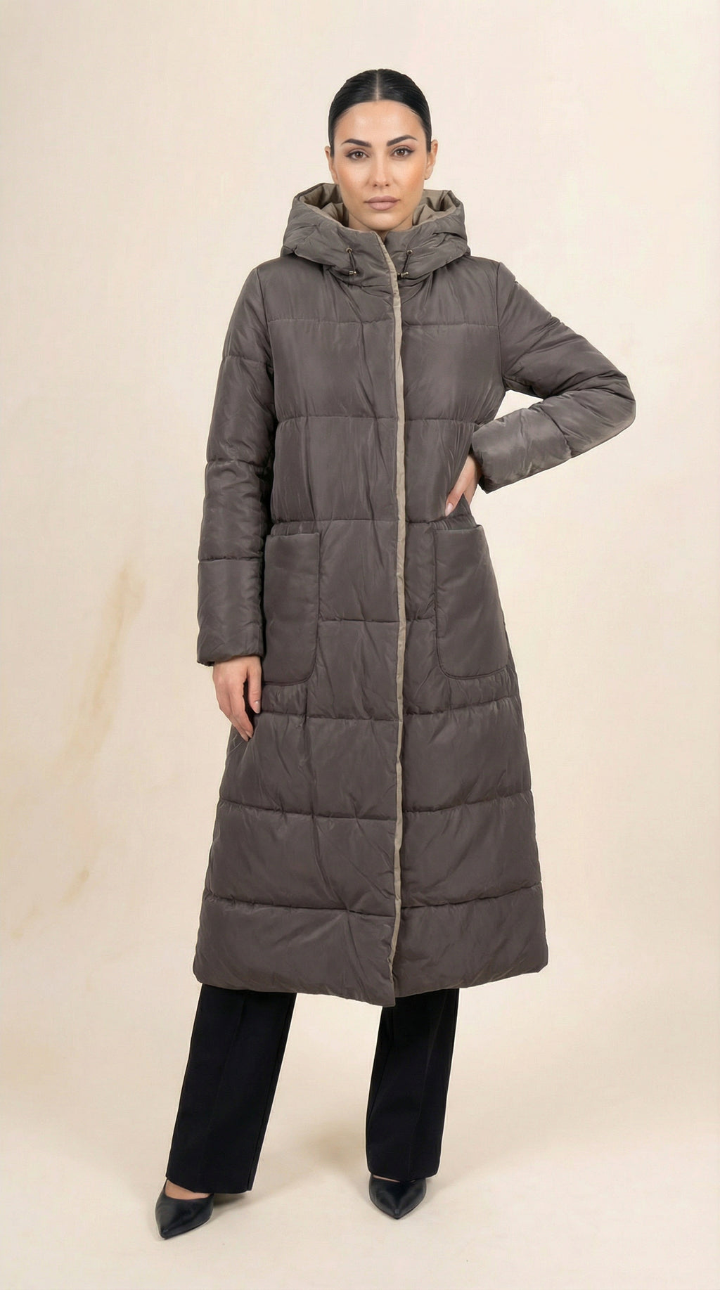 Kadın Kapitone Mont – Kapüşonlu Gri