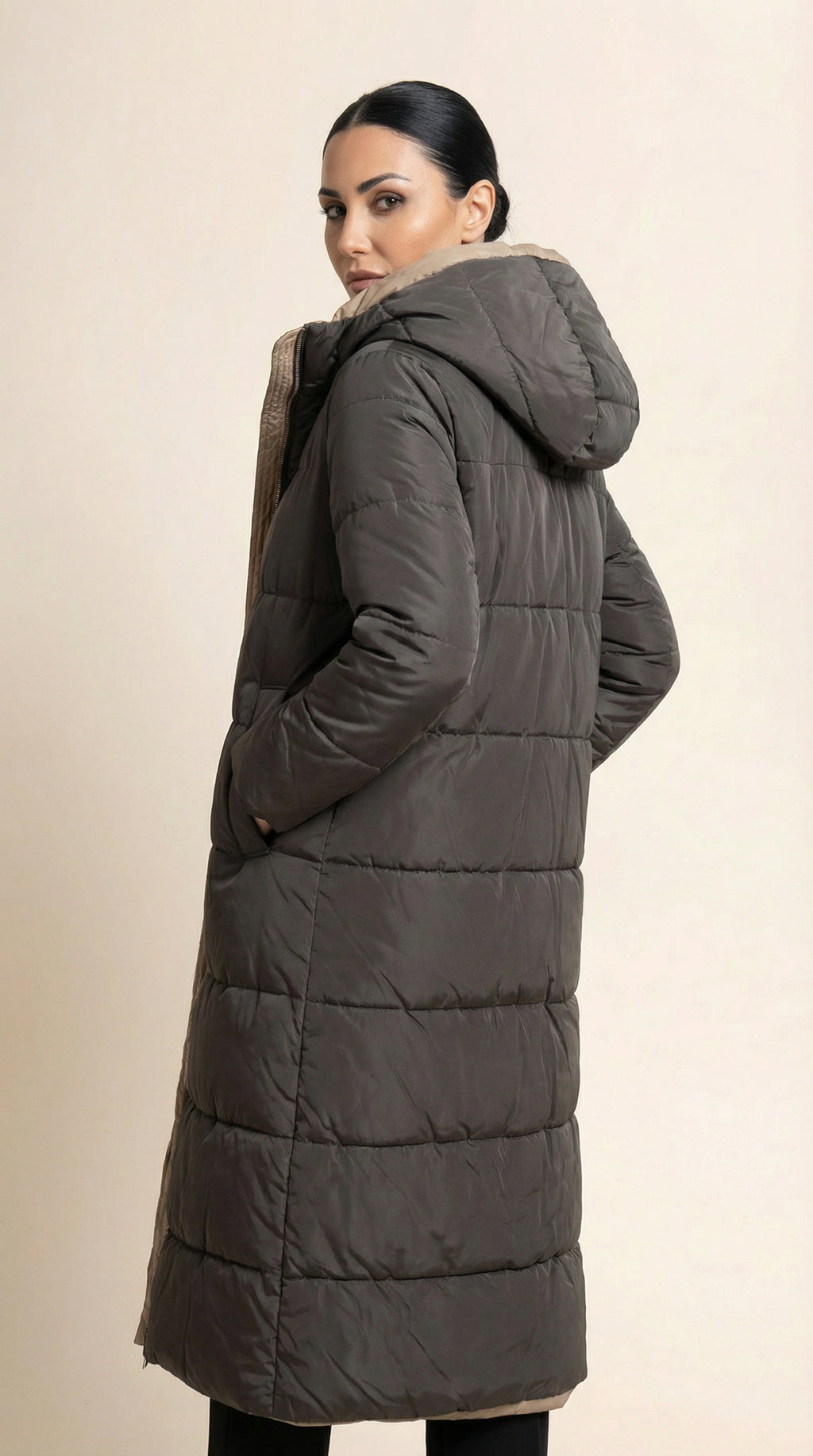 Kadın Kapitone Mont – Kapüşonlu Gri