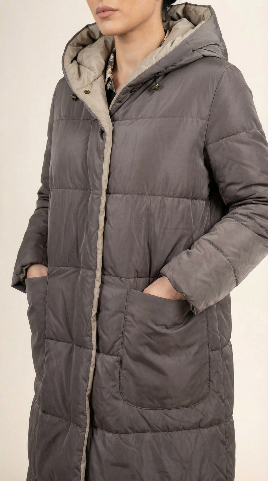 Kadın Kapitone Mont – Kapüşonlu Gri