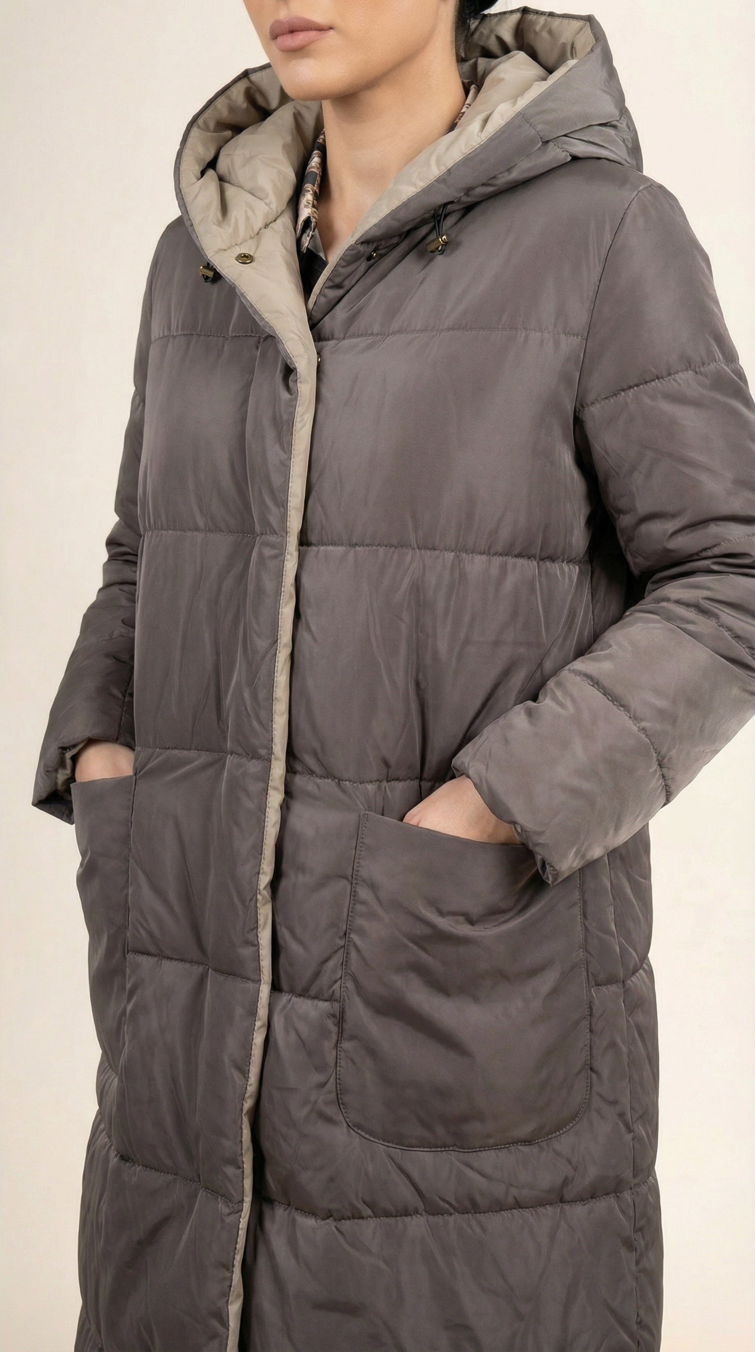 Kadın Kapitone Mont – Kapüşonlu Gri