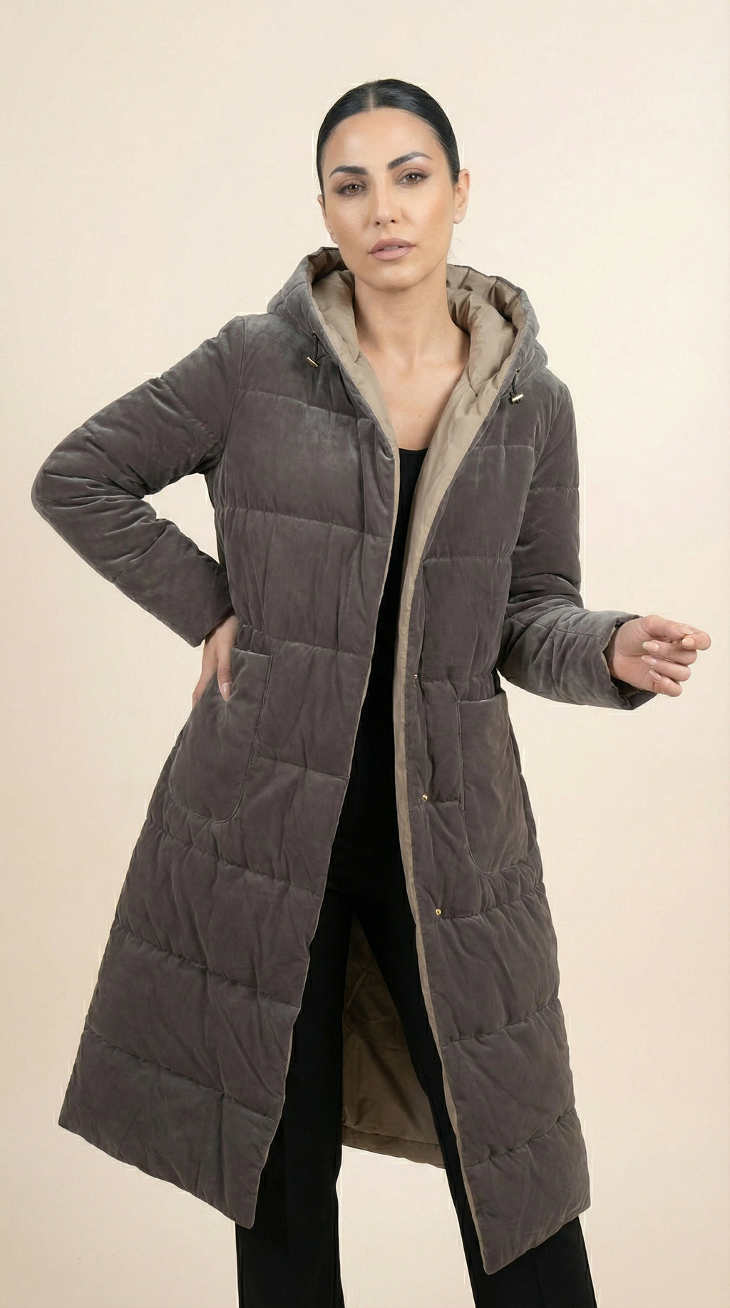 Kadın Kapitone Mont – Kapüşonlu Gri