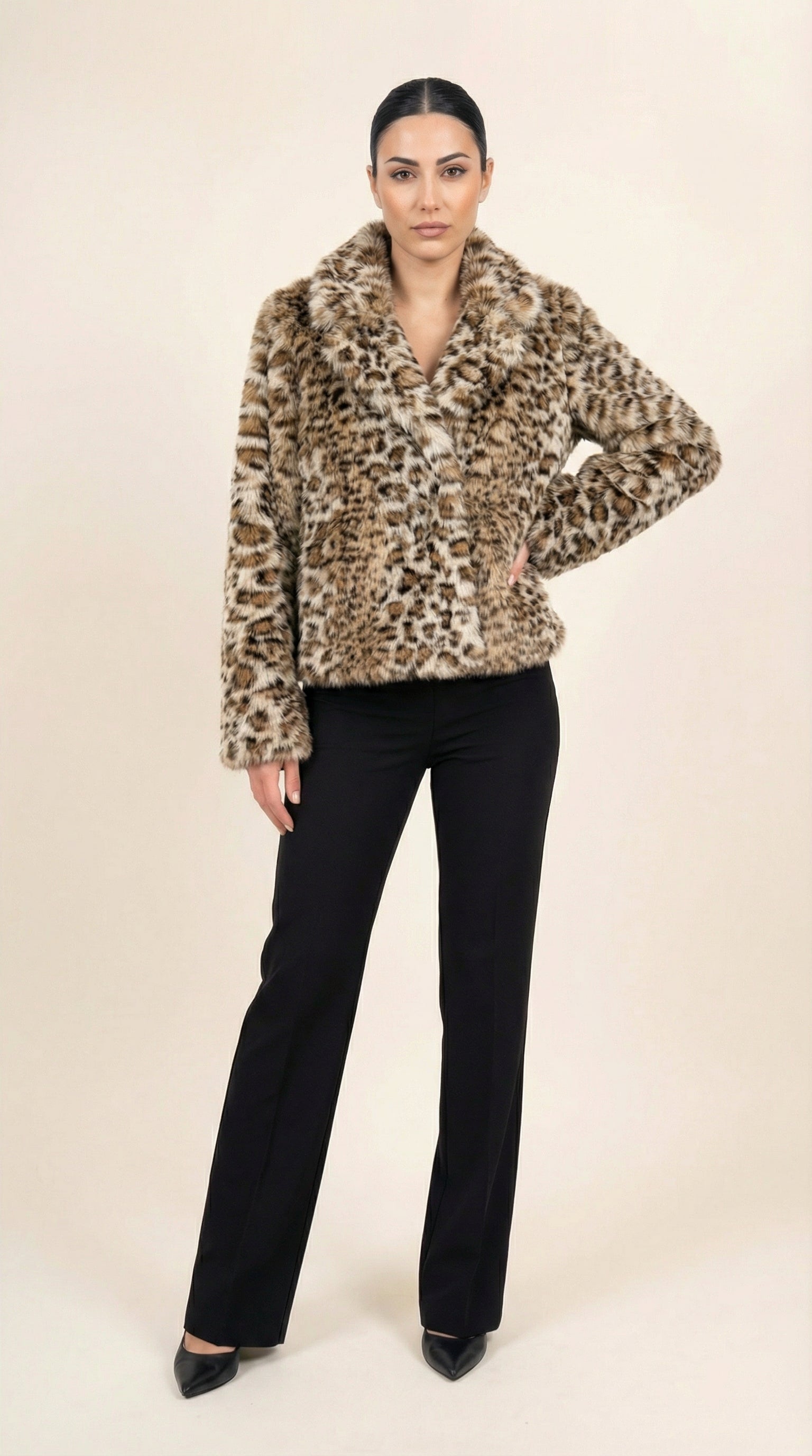 Kadın Leopar Desenli Teddy Ceket – Kısa boy Camel-Siyah