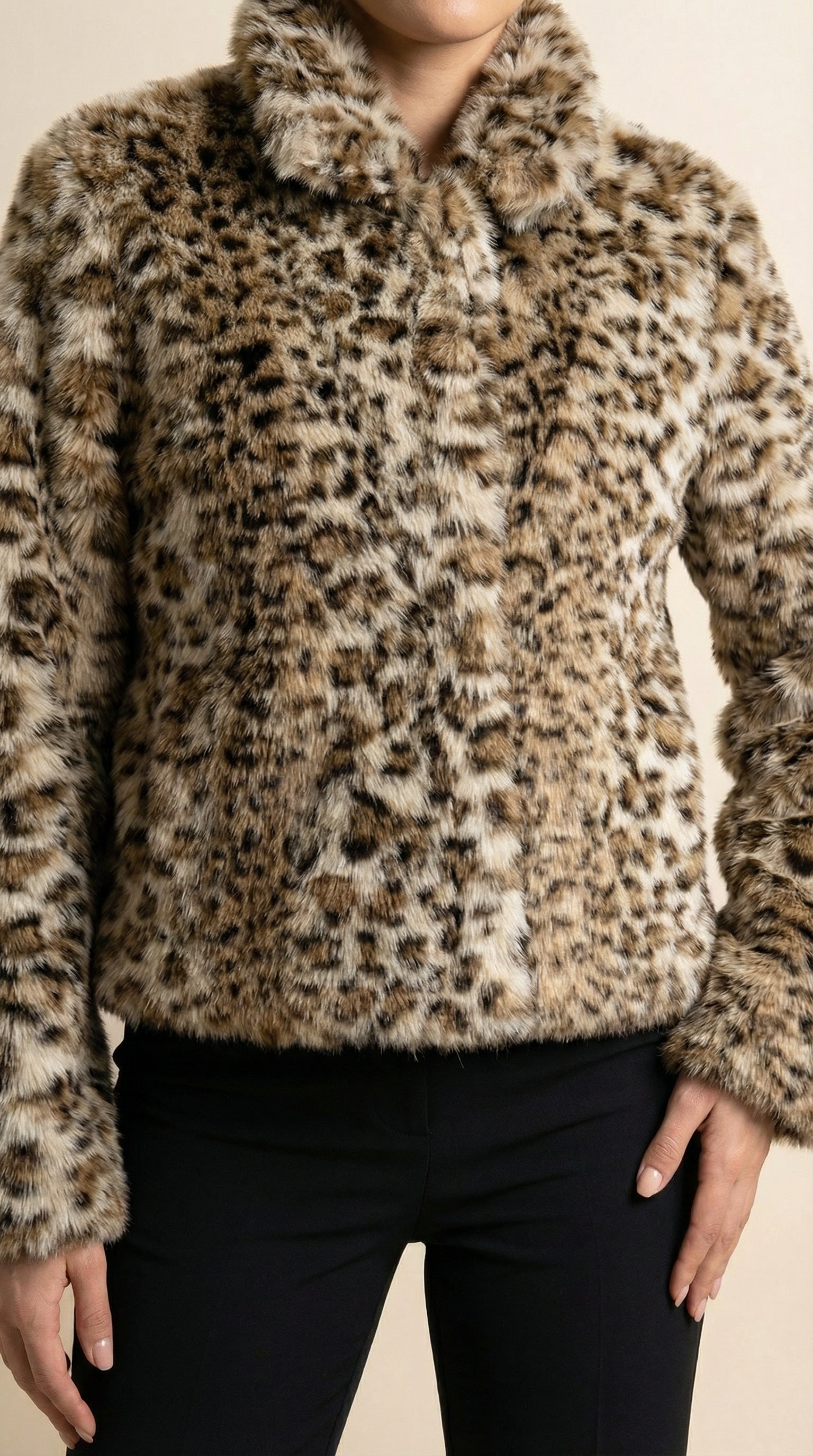 Kadın Leopar Desenli Teddy Ceket – Kısa boy Camel-Siyah