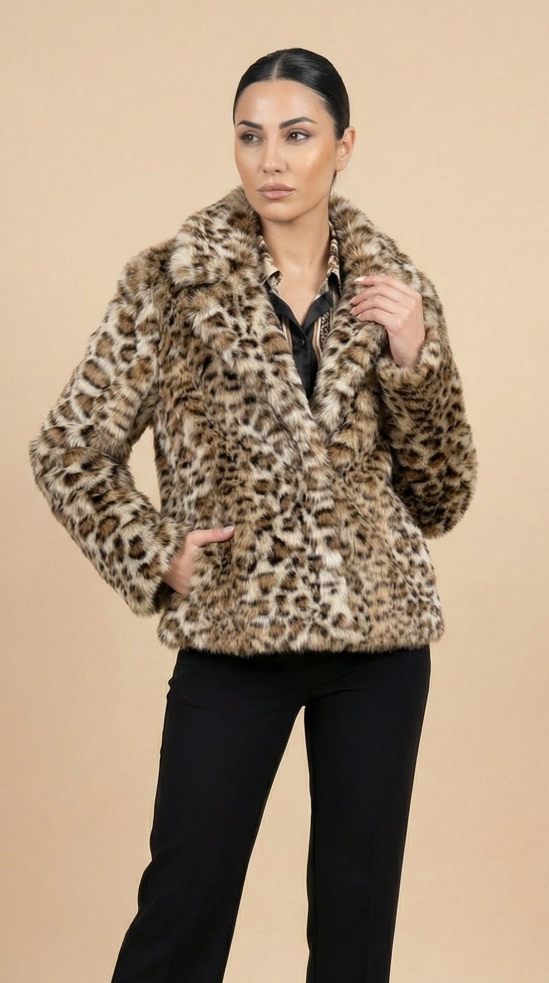 Kadın Leopar Desenli Teddy Ceket – Kısa boy Camel-Siyah